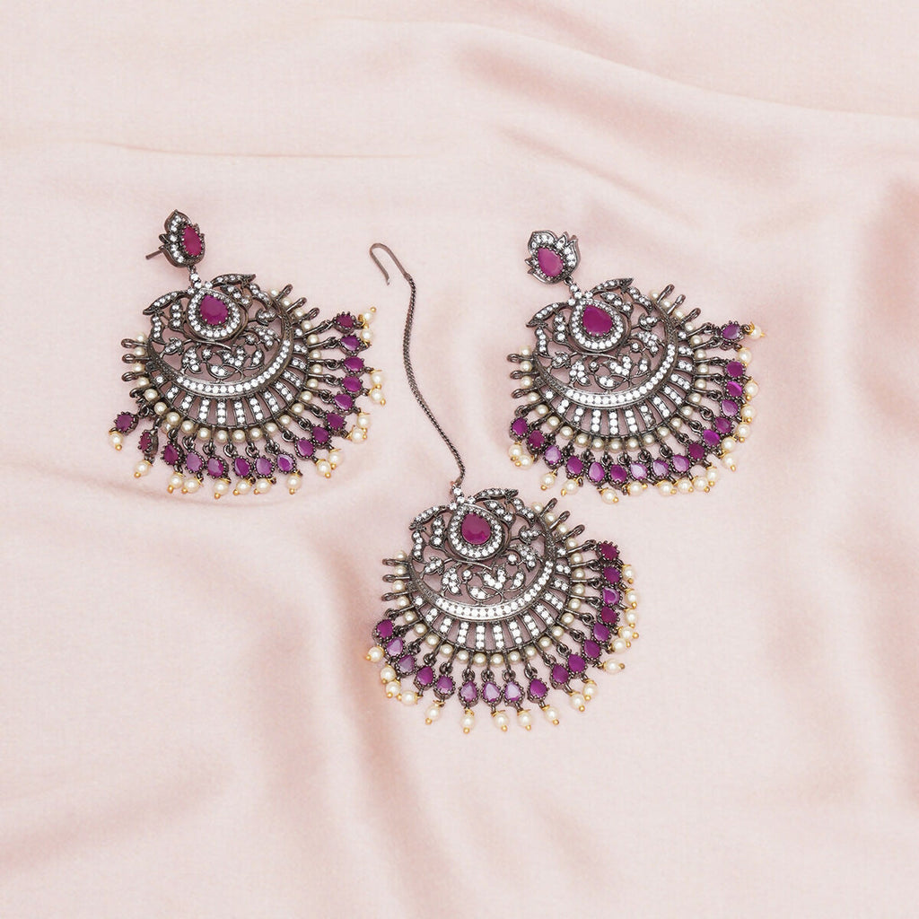 Diamond & Maroon Stone Earrings with Matching Maang Tikka- Ruby Raang | Grocsy