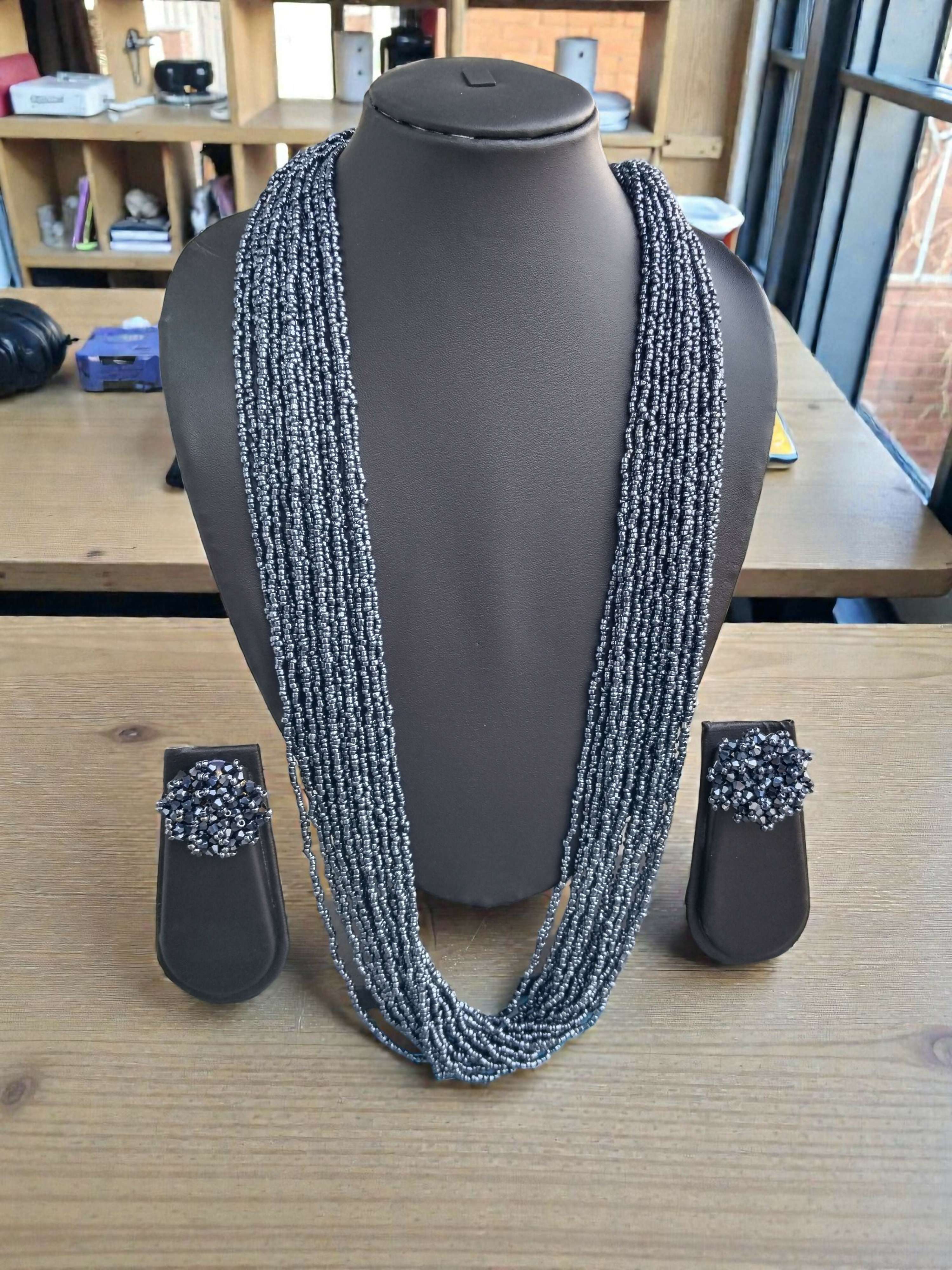Inhanns Rangsaaz 20-Layer Luxe Long Beaded Necklace (With Optional Statement Earrings) - Navy Blue Long 20 Layer With Earring | Grocsy