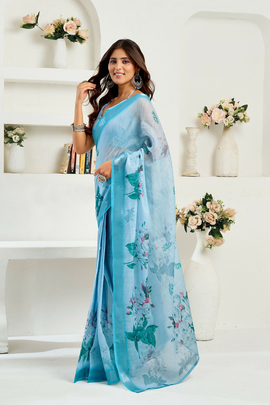 Vastranavya Sea Blue Digital Printed Linen Ready To Wear Designer Saree with Unstitched Blouse | Grocsy