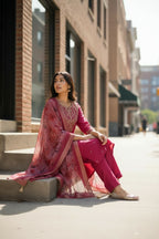 The52 Women's Beautiful Chanderi Silk Fabric Embroidery Work Straight Kurta Pant and Dupatta Set | Grocsy