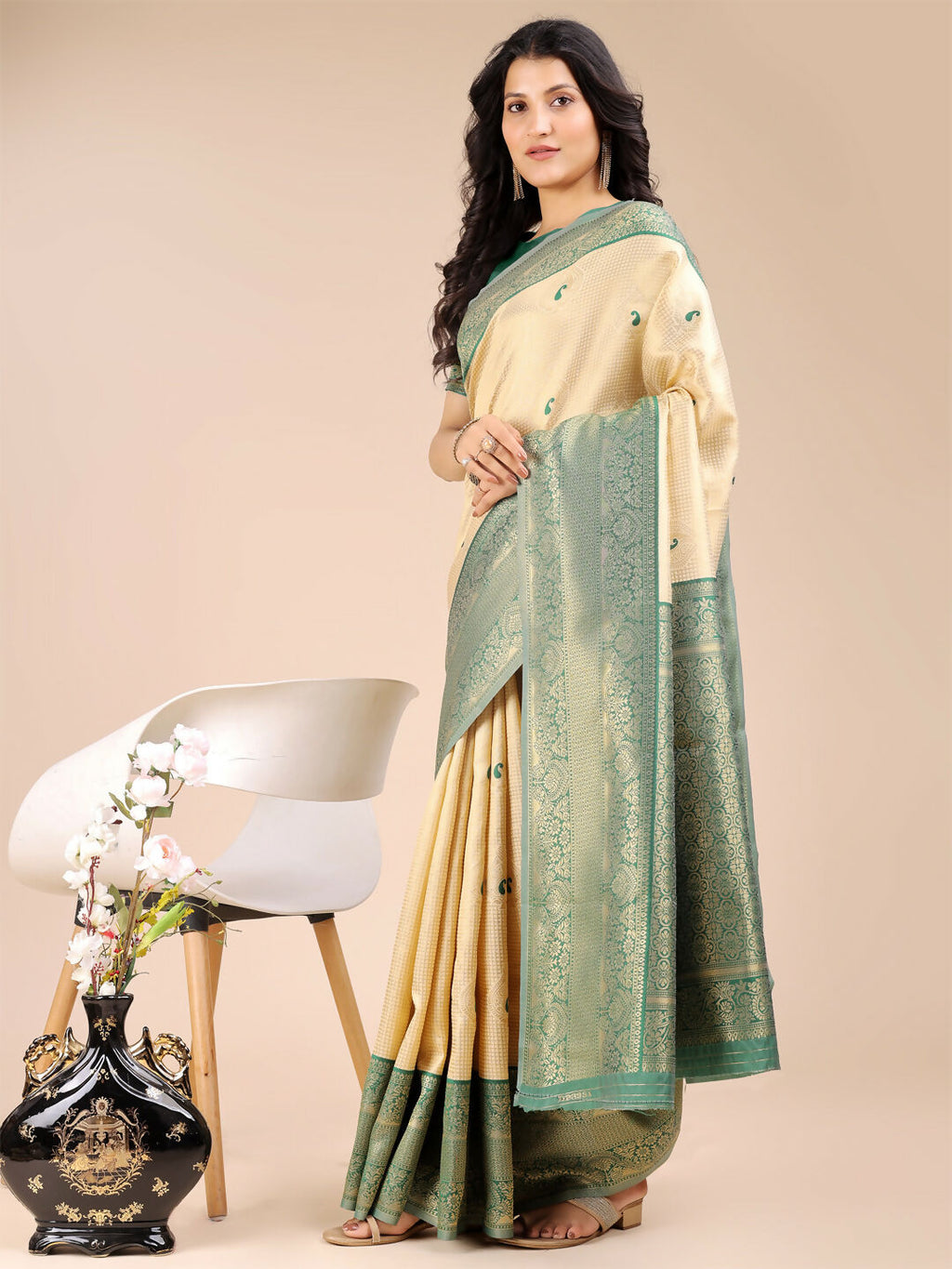 Shree Shyam Fashion Aura Silk Cream Green Banarasi Silk Saree | Grocsy