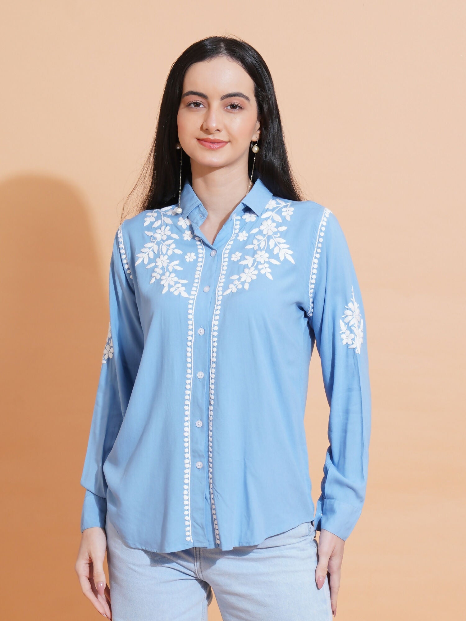Pahnaz Modal Chikankari Handwork Shirt-Blue | Grocsy