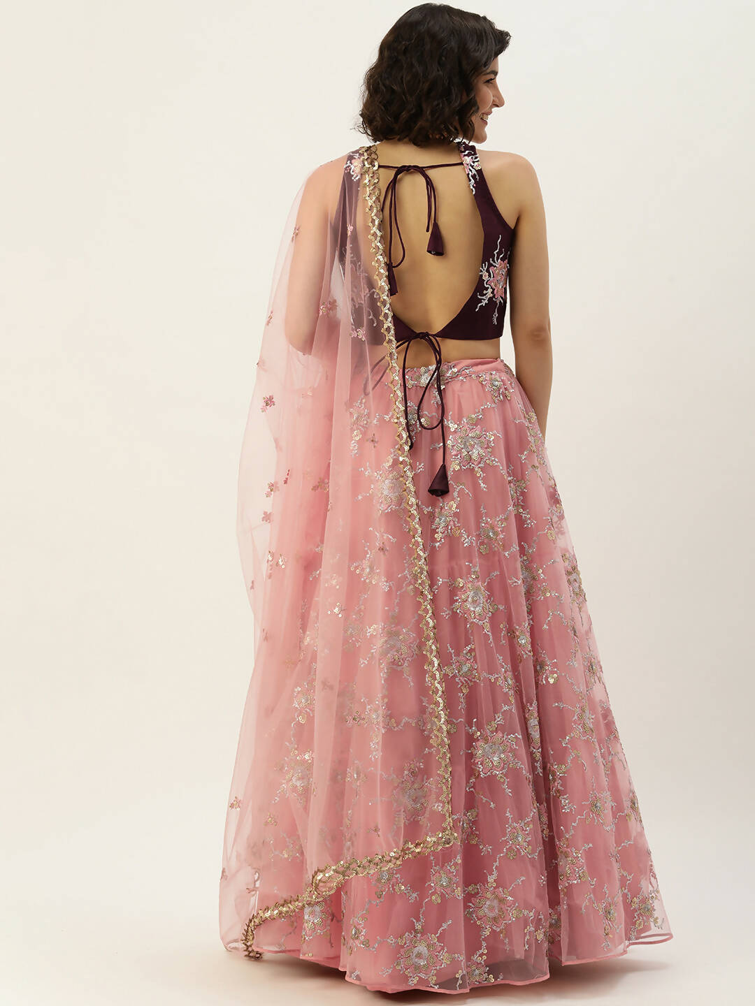 House of Panchhi Pink Net Sequins Embroideried Lehenga | Grocsy
