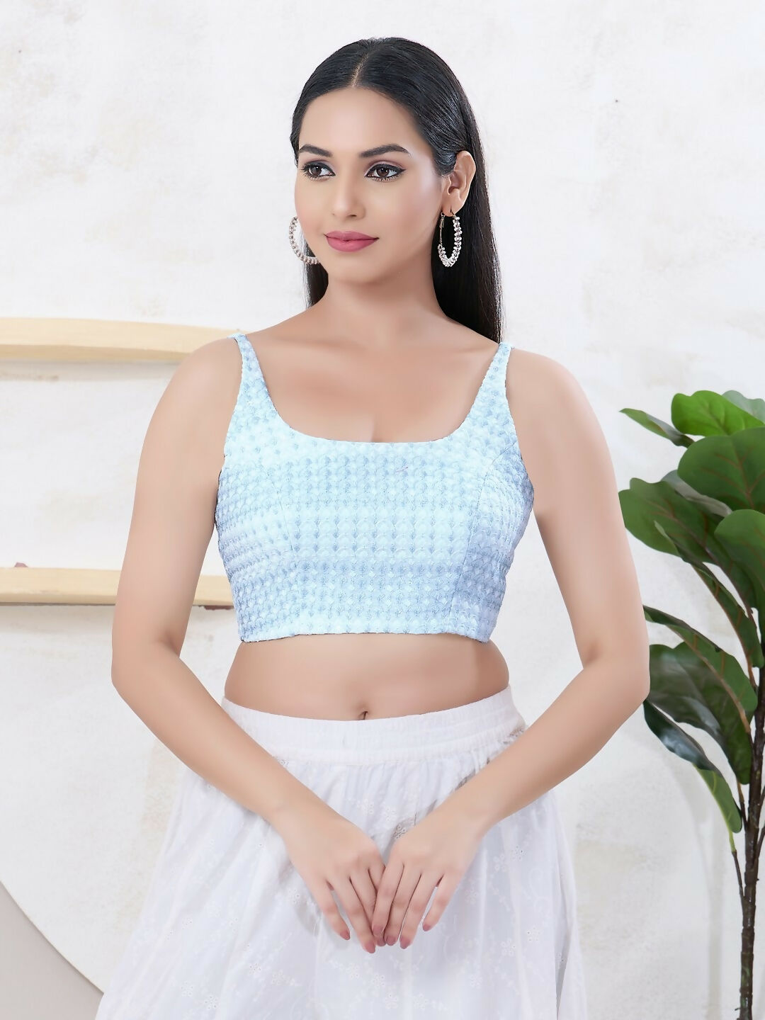 Joban Fashion Light-Blue Shift Sleeveless Back Open Blouse | Grocsy