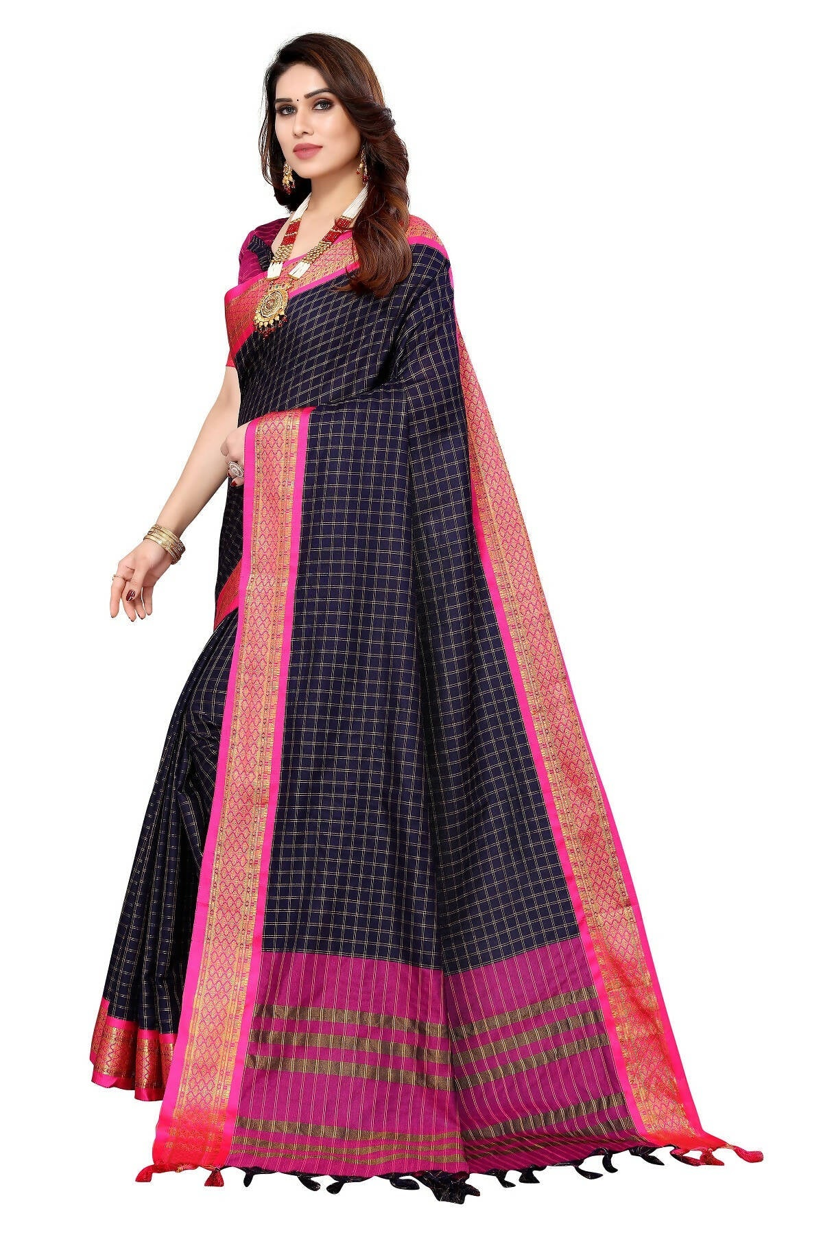 Vamika Weaving Navy Cotton Silk Saree | Grocsy