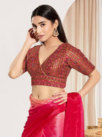 Joban Fashion Maroon Mulberry Silk Padded Blouse With V Neck Elbow Sleeves | Grocsy