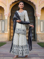 Juniper Women's Off White Rayon Floral Placement Kurta With Sharara And Dupatta Set | Grocsy