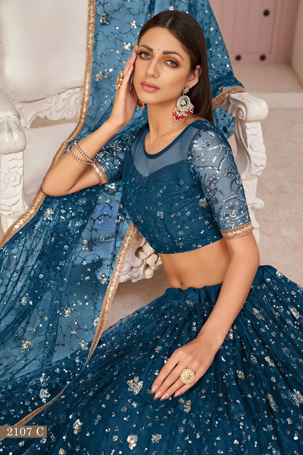 Eilara Blue Net Thread With Zari Sandwich Sequins Embroidered Work Lehenga Choli | Grocsy