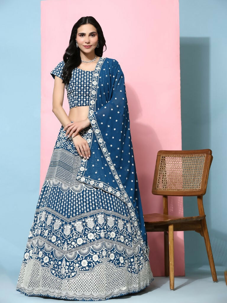 Teal Georgette Thread Embroidered Lehenga Choli with Dupatta - Tanya | Grocsy