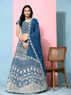 Teal Georgette Thread Embroidered Lehenga Choli with Dupatta - Tanya | Grocsy