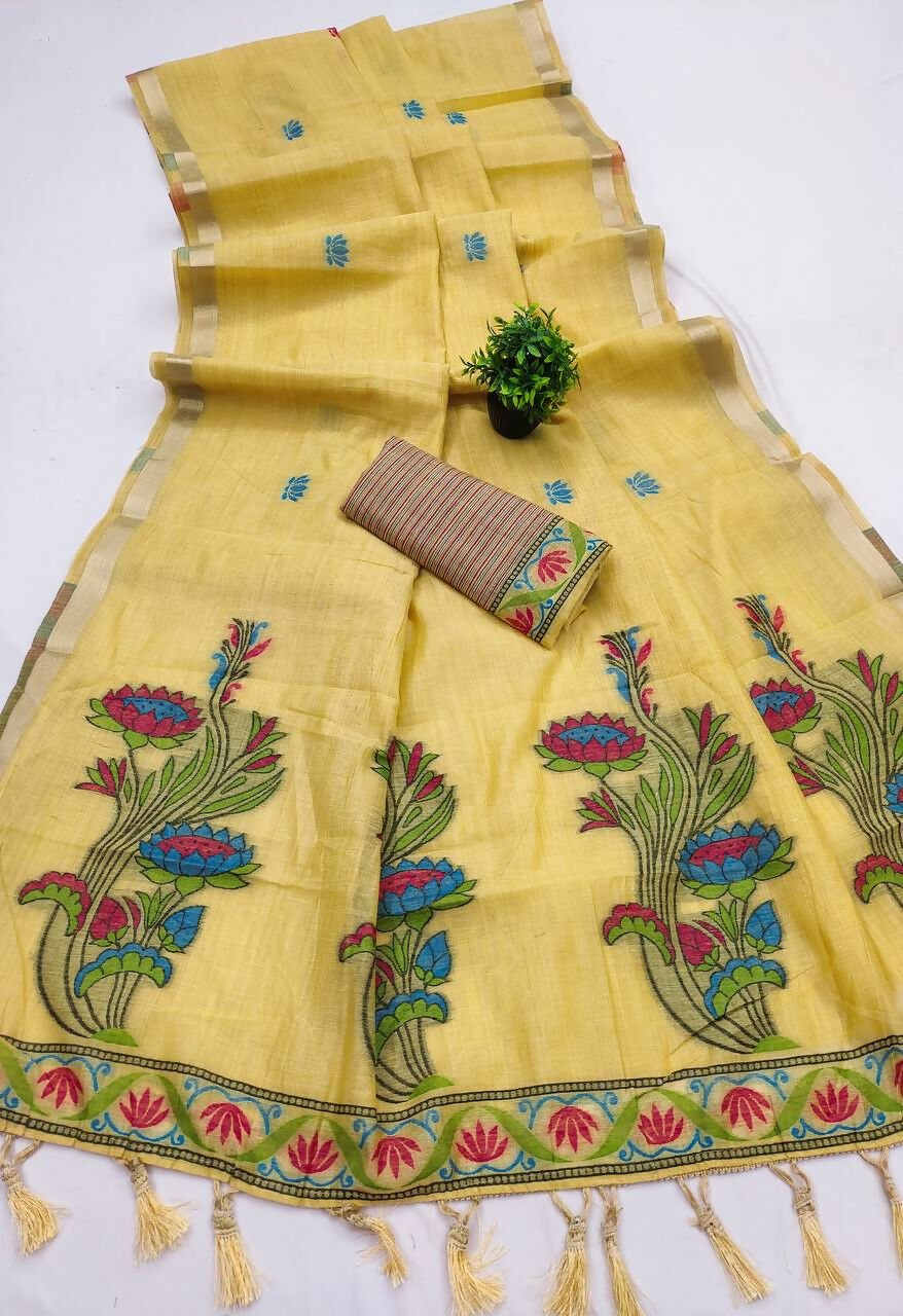 Vastranavya Yellow Muga Cotton Meenakari & Azarakh Pallu Saree with Contrast Blouse | Grocsy
