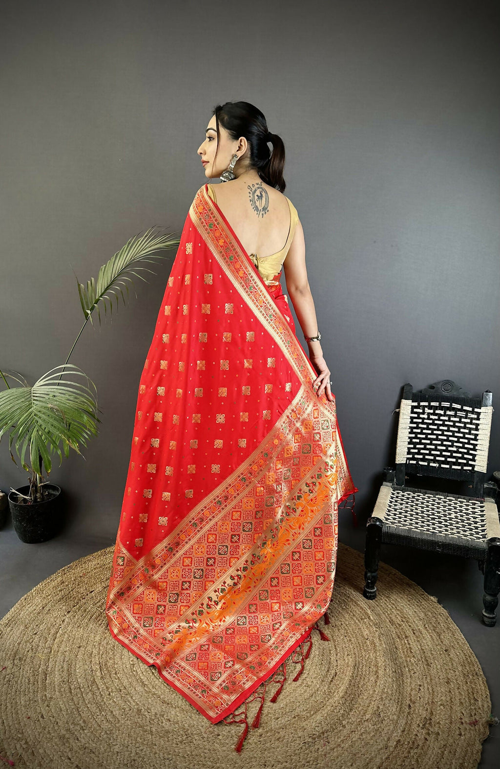 Joban Fashion Carmine Red Geometric Pattern Soft Silk Patola Saree | Grocsy