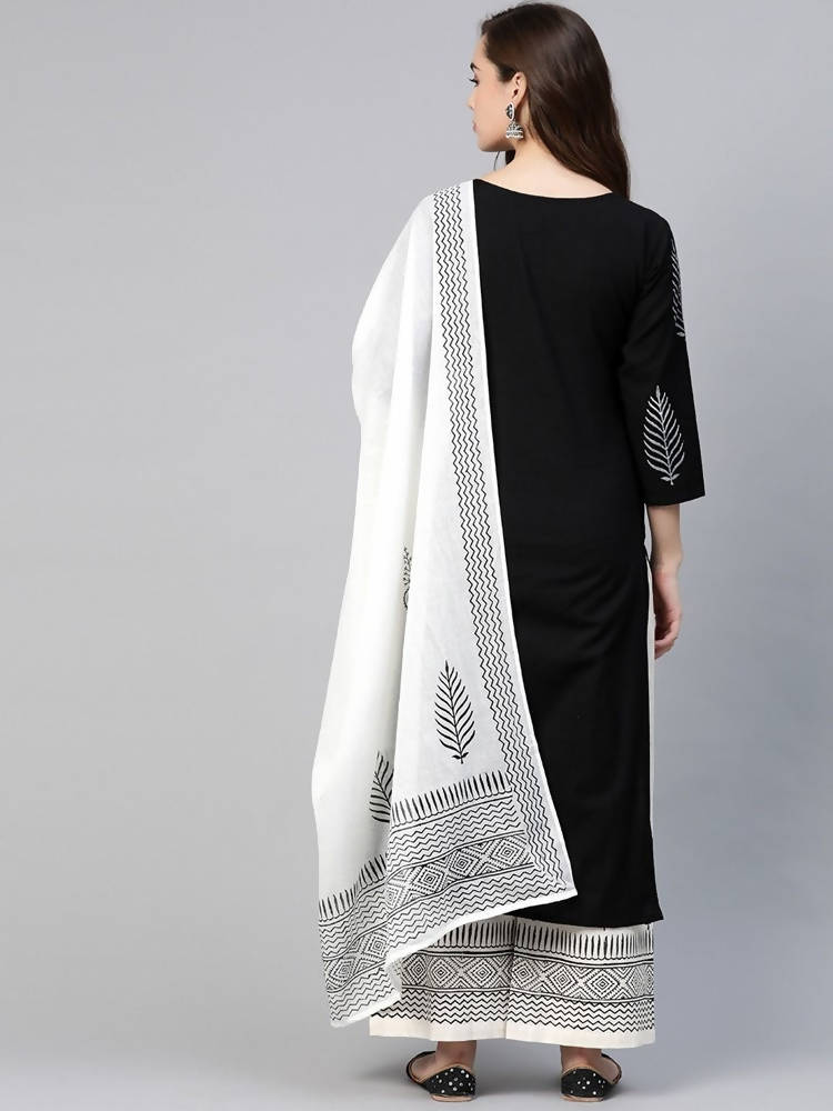 Yufta Women Black & White Yoke Design Thread Work Cotton Kurta with Palazzo & Dupatta | Grocsy