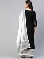 Yufta Women Black & White Yoke Design Thread Work Cotton Kurta with Palazzo & Dupatta | Grocsy