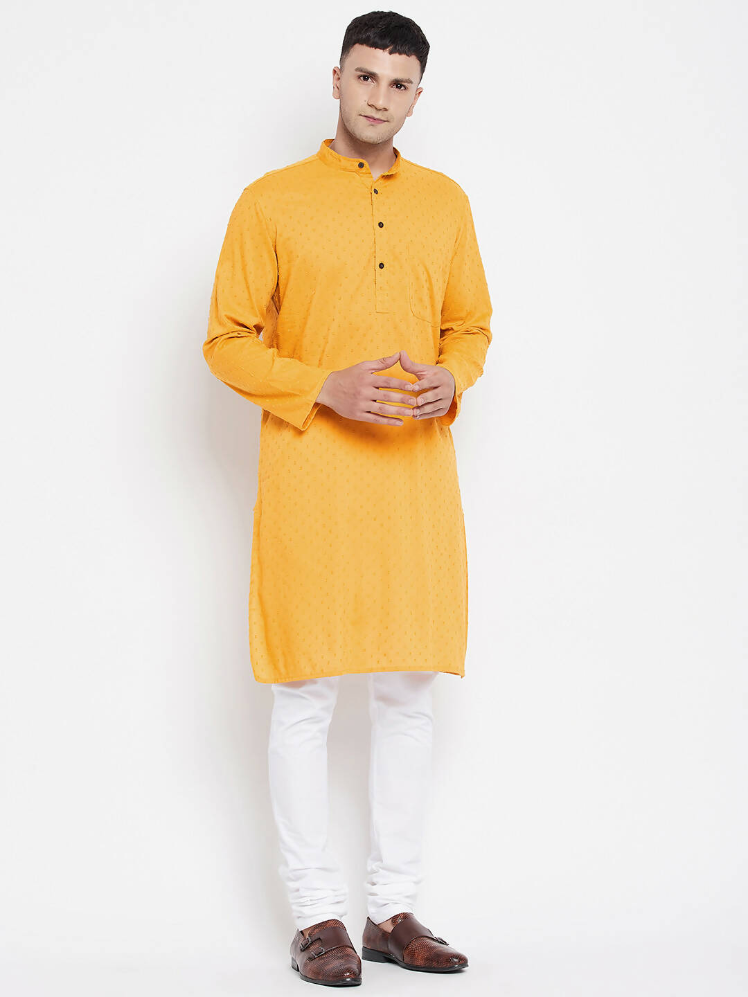 Even Apparels Yellow Color Pure Cotton Men's Kurta With Band Collar | Grocsy