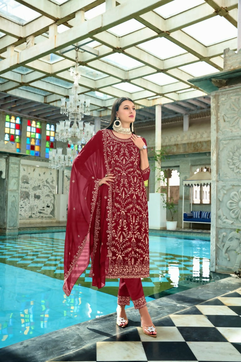 Jyoti Fashion Women's Maroon Faux Georgette Heavy Embroidery and Moti Work Kurta Set | Grocsy