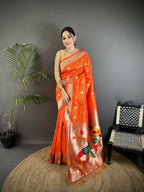 Joban Fashion Orange Peacock & Floral Motifs Soft Silk Kanchipuram Saree | Grocsy