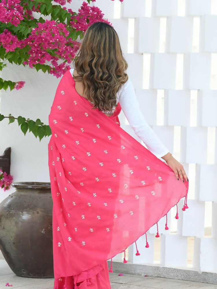 Beatitude Pink Khadi Floral Embroidered Saree | Grocsy