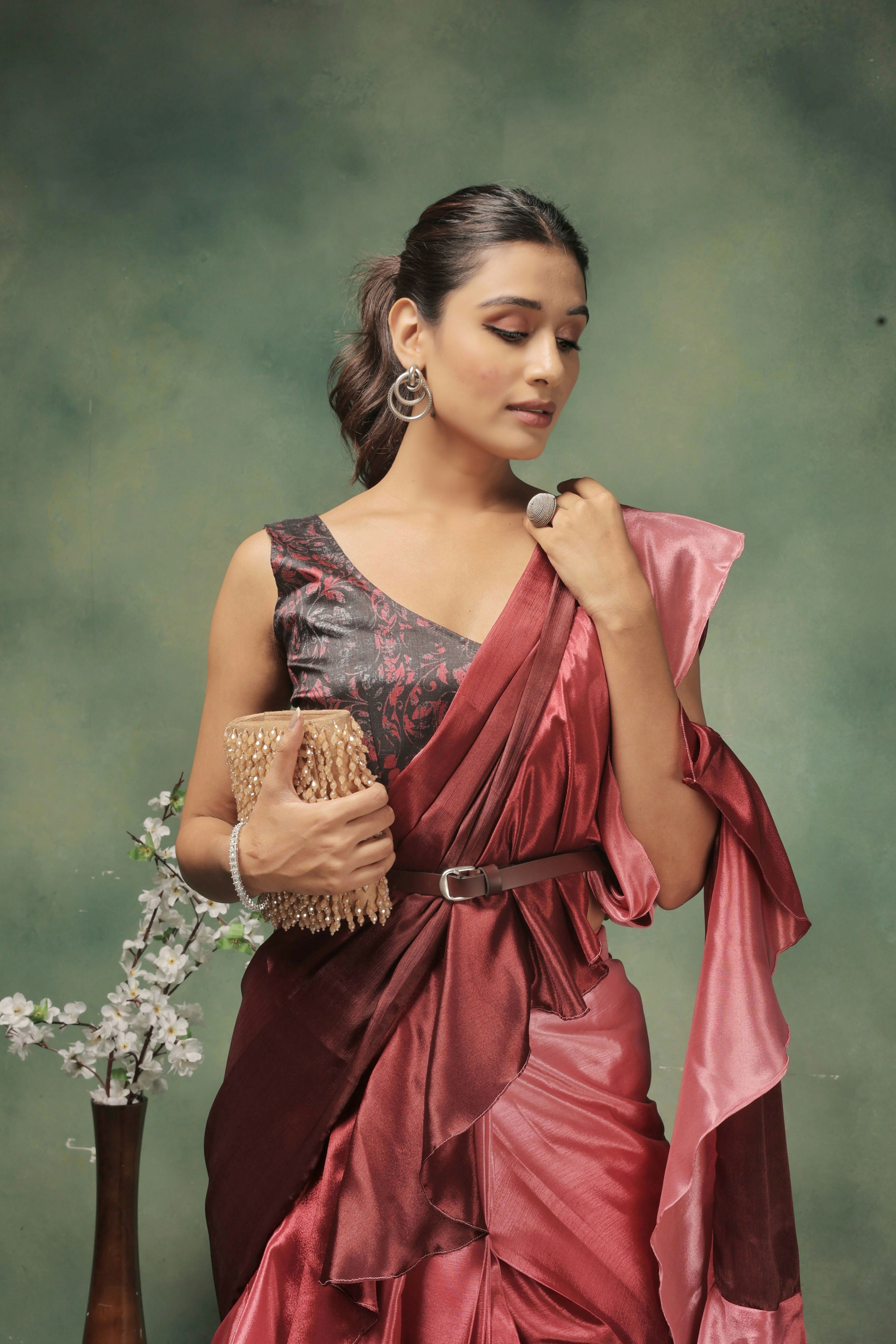 Pink Satin Solid Designer, Printed Party Wear Ready To Wear Saree - Nasreen | Grocsy