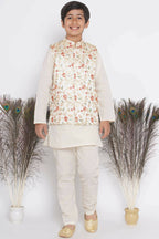 Little Bansi Banarsi Floral Embroidery Jacket with Cotton Kantha kurta and Kantha Pyjama - Cream | Grocsy