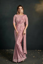 Peach Silk Crepe Georgette Cord Sequence & Thread Embroidered & Stone Work Saree - Moh-Manthan Royal Enigma | Grocsy