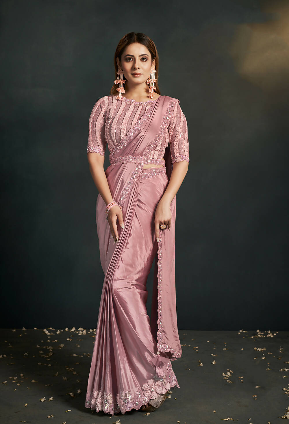 Peach Silk Crepe Georgette Cord Sequence & Thread Embroidered & Stone Work Saree - Moh-Manthan Royal Enigma | Grocsy