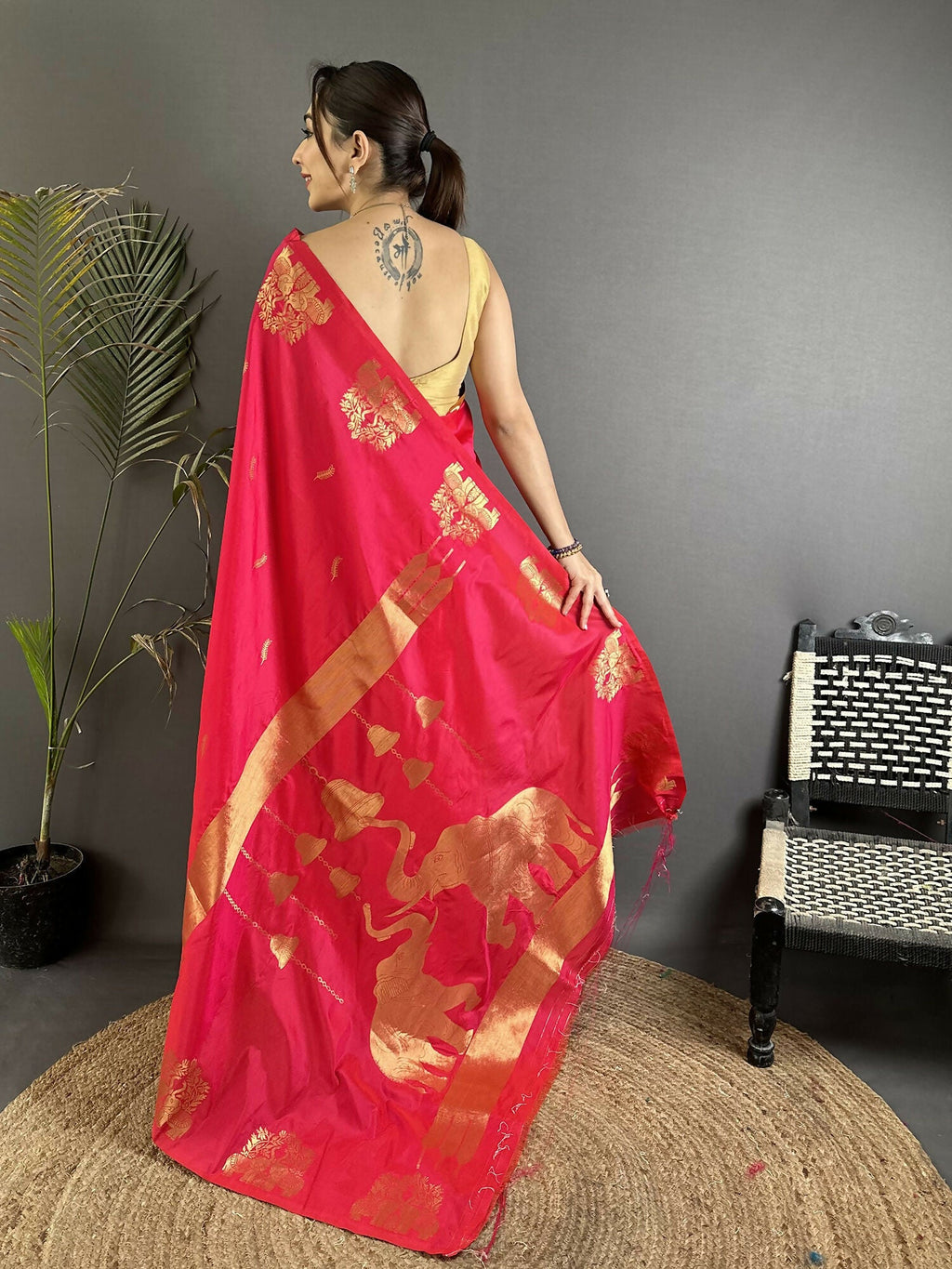 Joban Fashion Crimson Red Motifs Zari Weaving Soft Silk Banarasi Saree | Grocsy