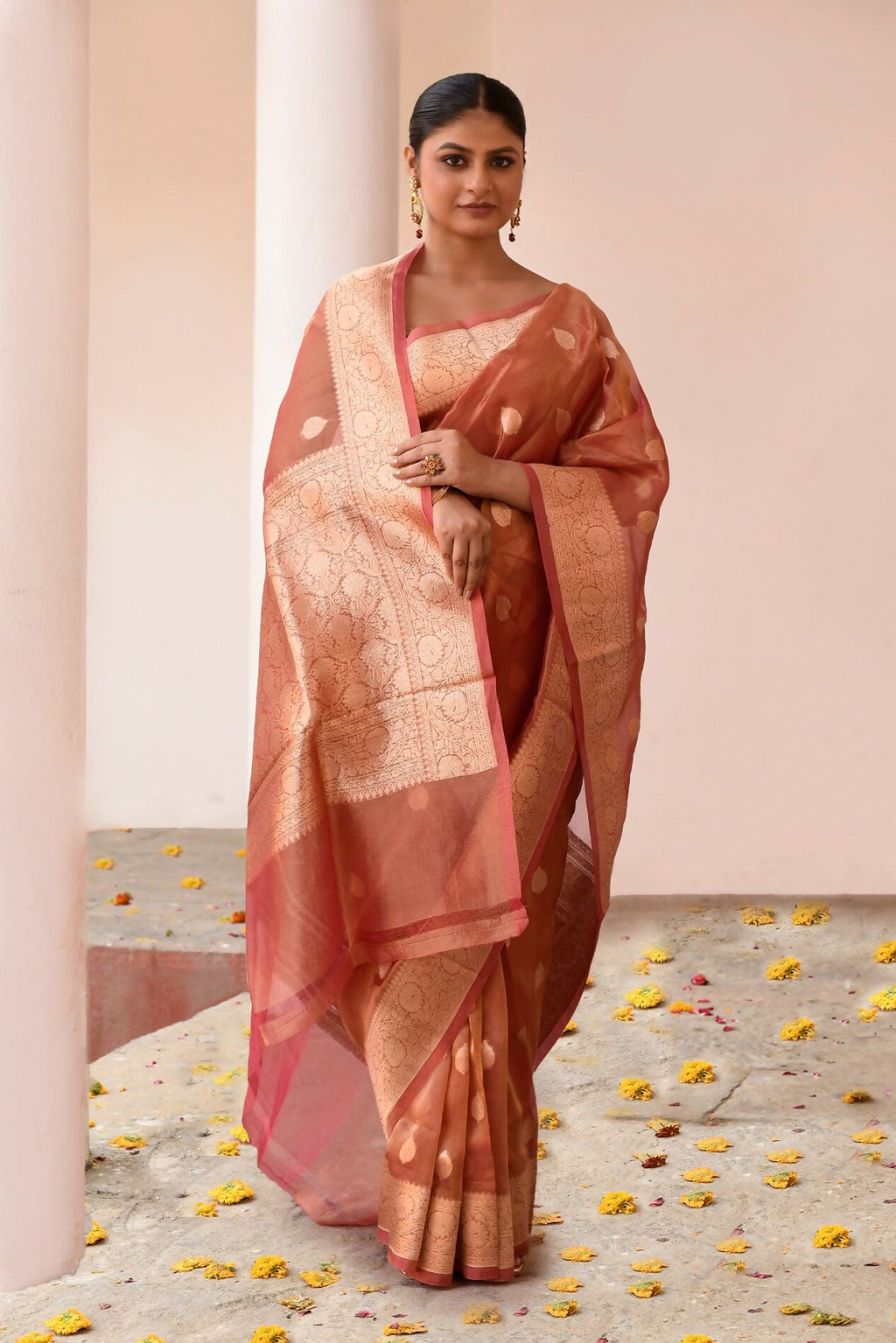 Joban Fashion Rose Gold Banarasi Tissue Pure Handloom Banarasi Silk Saree | Grocsy