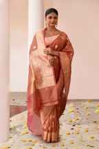 Joban Fashion Rose Gold Banarasi Tissue Pure Handloom Banarasi Silk Saree | Grocsy