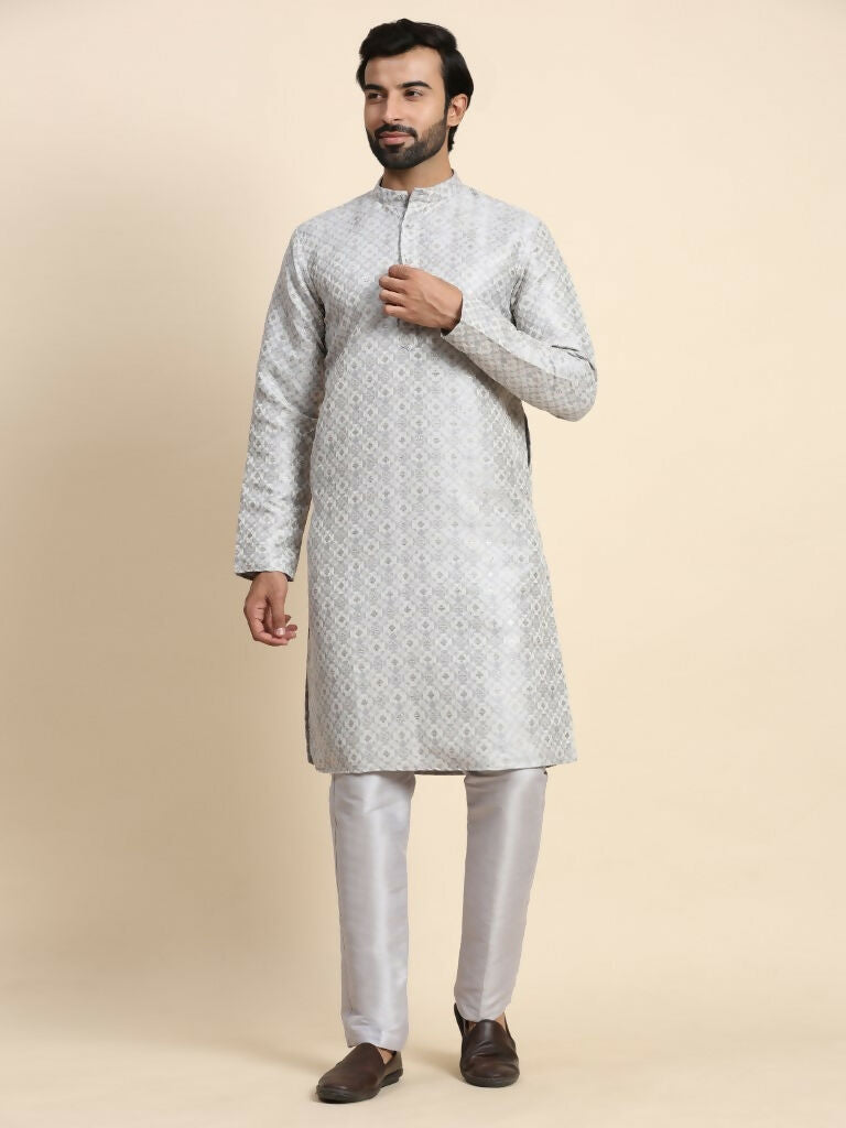 Grey Viscose Jacquard Woven Jacquard Designer Men's Rajwadi Kurta Set - Mahotsav | Grocsy