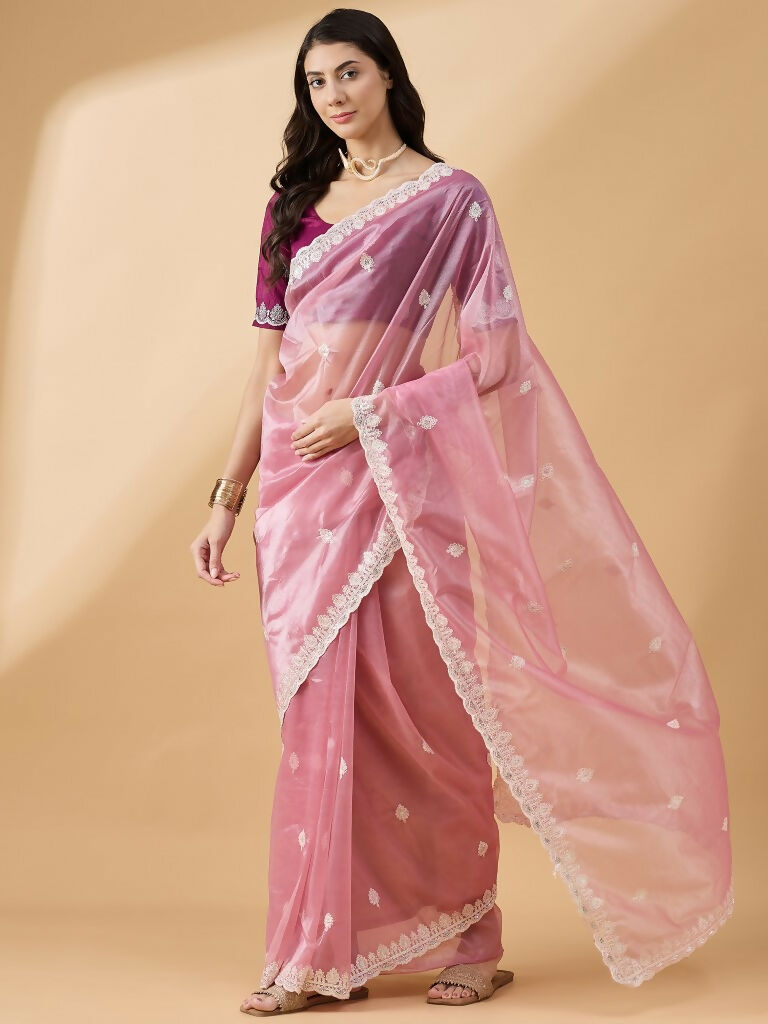 Pink Organza Sequence Embroidered Saree with Unstitched Blouse - Satya | Grocsy