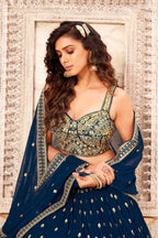 Teal Faux Georgette Embroidery sequence work Lehenga Choli with Dupatta - Dhvani | Grocsy