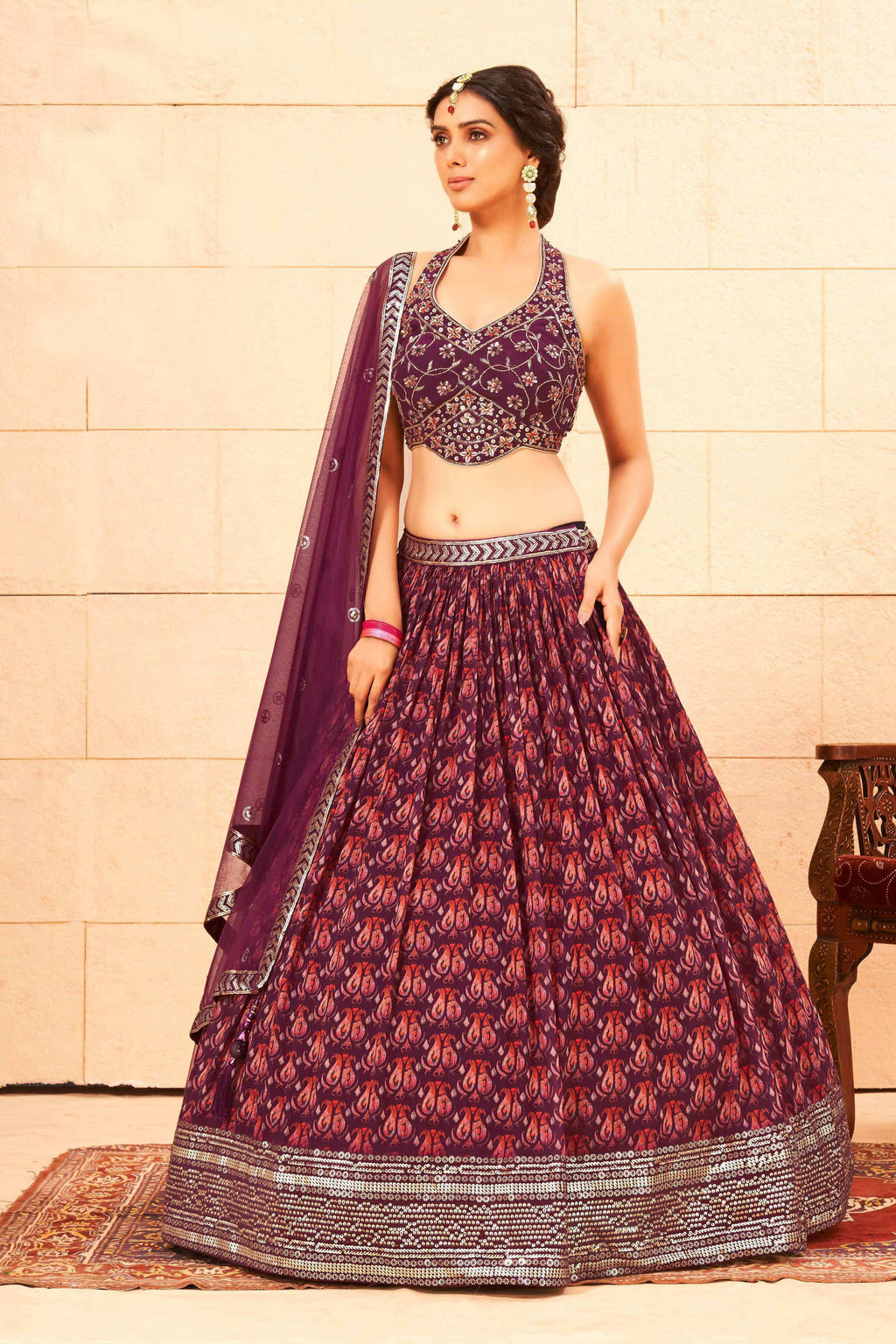 Purple Faux Georgette Sequence work Lehenga Choli with Dupatta - Dhvani | Grocsy