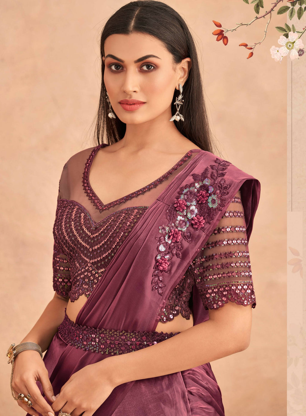 Wine Satin Embroidered Ready To Wear Saree With Unstitched Blouse Piece - Nandika | Grocsy