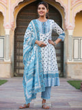 Juniper Women's White Cotton Voile Floral Printed Kurta With Cambric Straight Pant And Voile Duptta | Grocsy