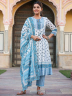 Juniper Women's White Cotton Voile Floral Printed Kurta With Cambric Straight Pant And Voile Duptta | Grocsy