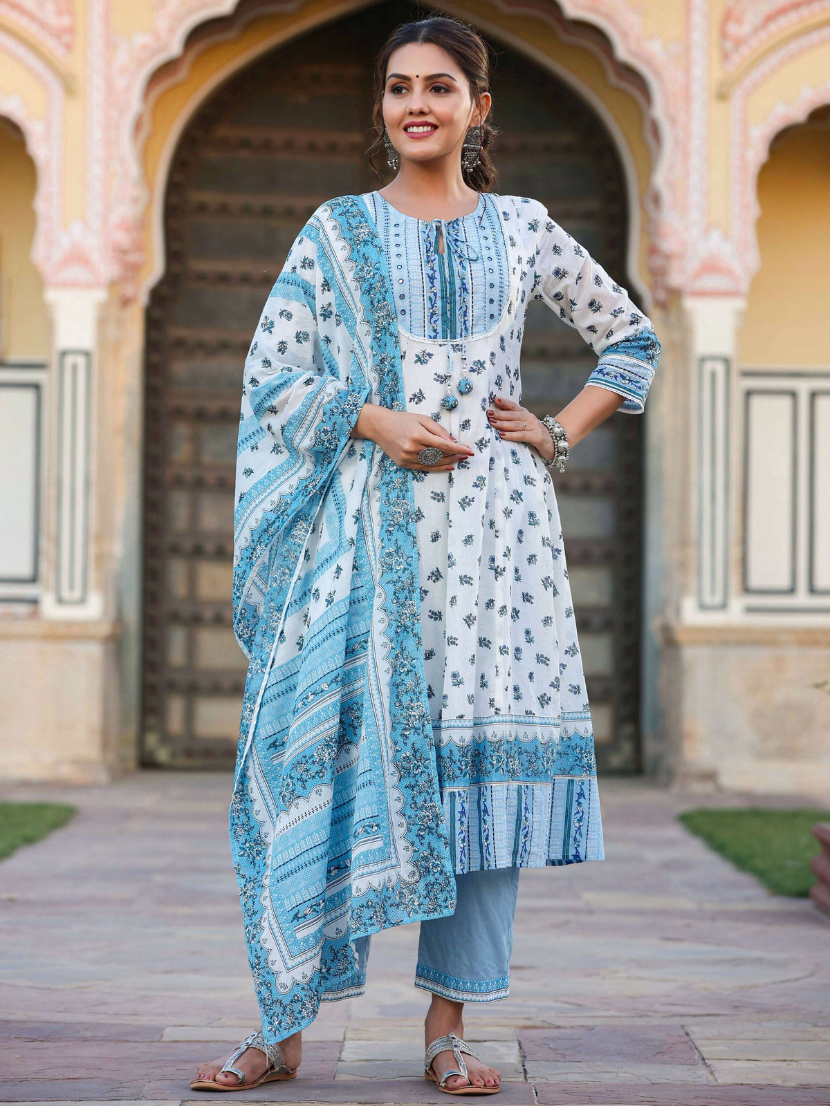 Juniper Women's White Cotton Voile Floral Printed Kurta With Cambric Straight Pant And Voile Duptta | Grocsy