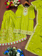 Prazu Fashion Parrot Green Chinon Silk Sequin Embroidered Sharara Suit | Grocsy