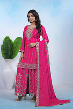 Prazu Fashion Pink Chinon Silk Sequin Embroidered Sharara Suit | Grocsy