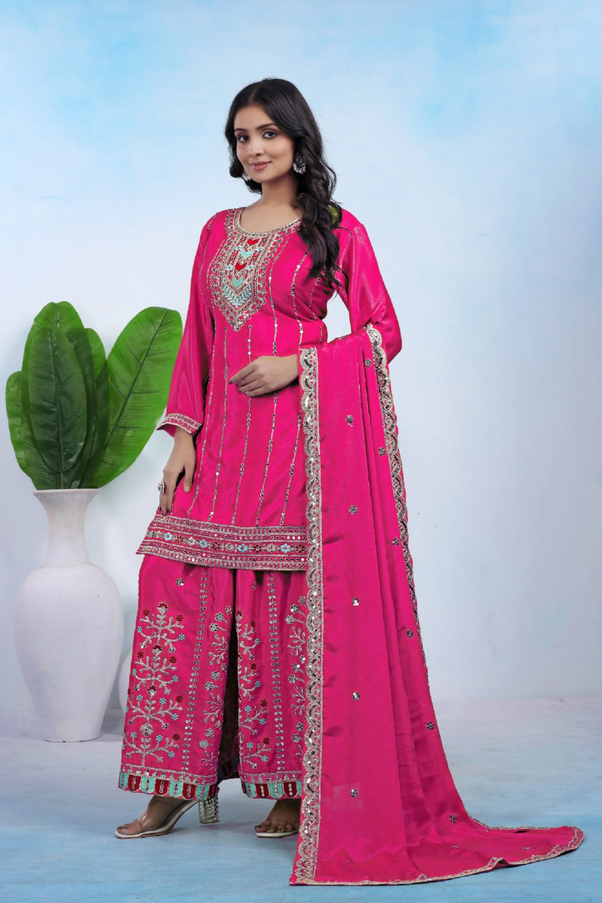 Prazu Fashion Pink Chinon Silk Sequin Embroidered Sharara Suit | Grocsy