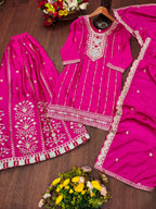 Prazu Fashion Pink Chinon Silk Sequin Embroidered Sharara Suit | Grocsy