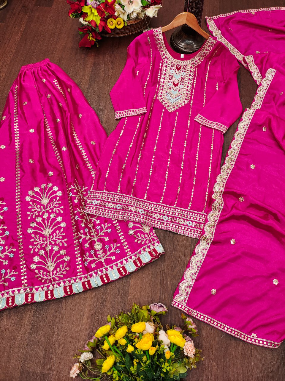 Prazu Fashion Pink Chinon Silk Sequin Embroidered Sharara Suit | Grocsy