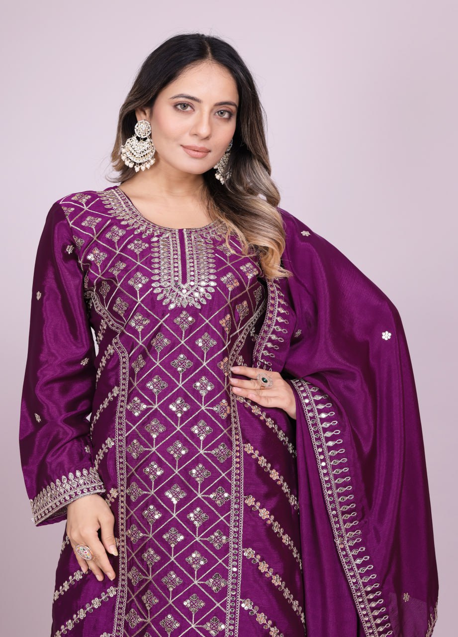 Teeya Creation Wine Color Chinnon Silk Embroidery Work Fully Stitched Salwar Suit | Grocsy