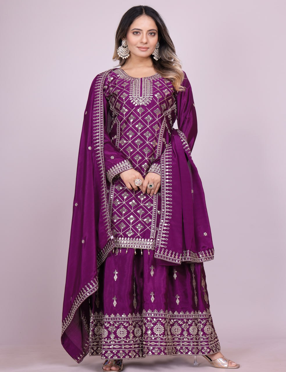 Teeya Creation Wine Color Chinnon Silk Embroidery Work Fully Stitched Salwar Suit | Grocsy