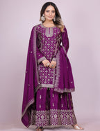 Teeya Creation Wine Color Chinnon Silk Embroidery Work Fully Stitched Salwar Suit | Grocsy