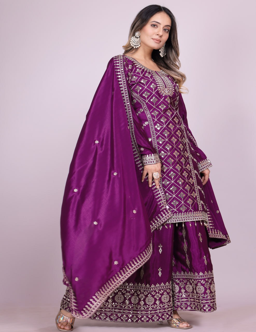Teeya Creation Wine Color Chinnon Silk Embroidery Work Fully Stitched Salwar Suit | Grocsy