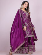 Teeya Creation Wine Color Chinnon Silk Embroidery Work Fully Stitched Salwar Suit | Grocsy