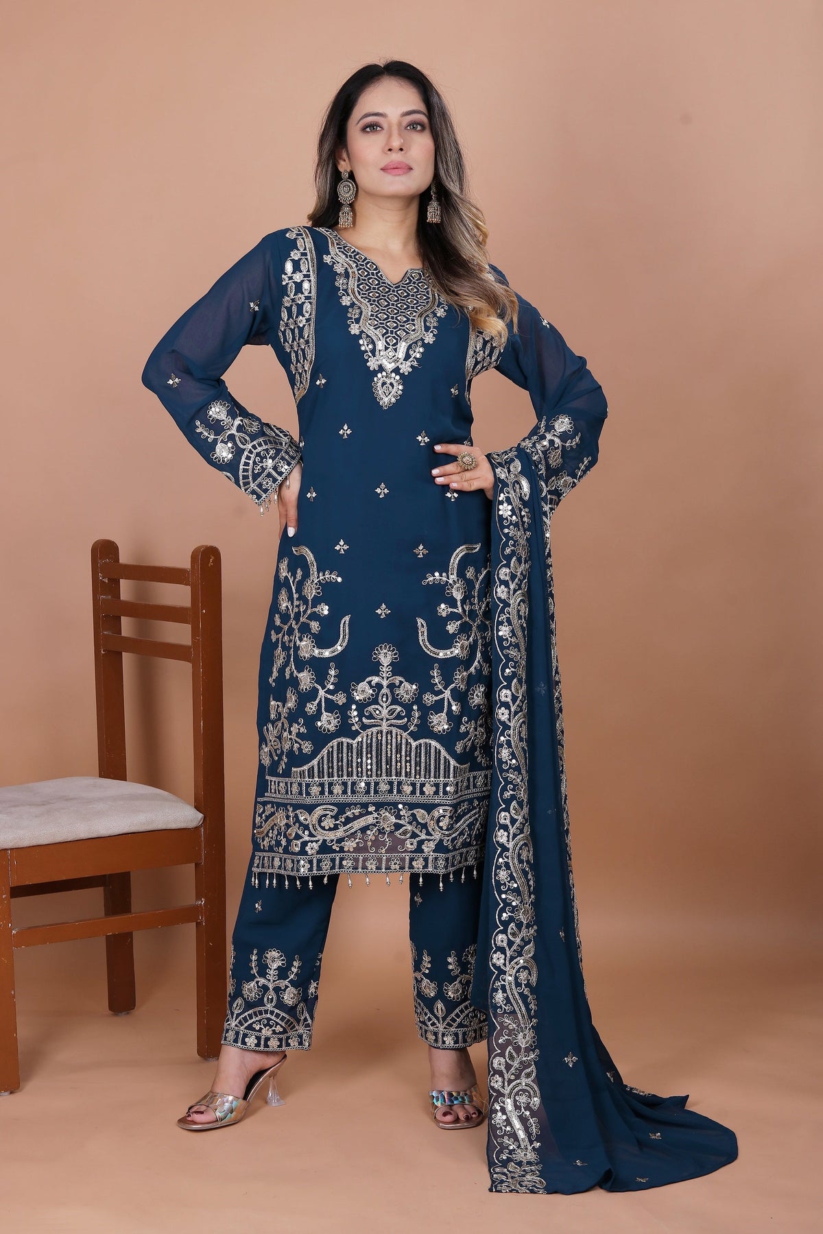 Lehenga Mart Georgette Top Pant Dupatta for Girls or Women - Blue | Grocsy