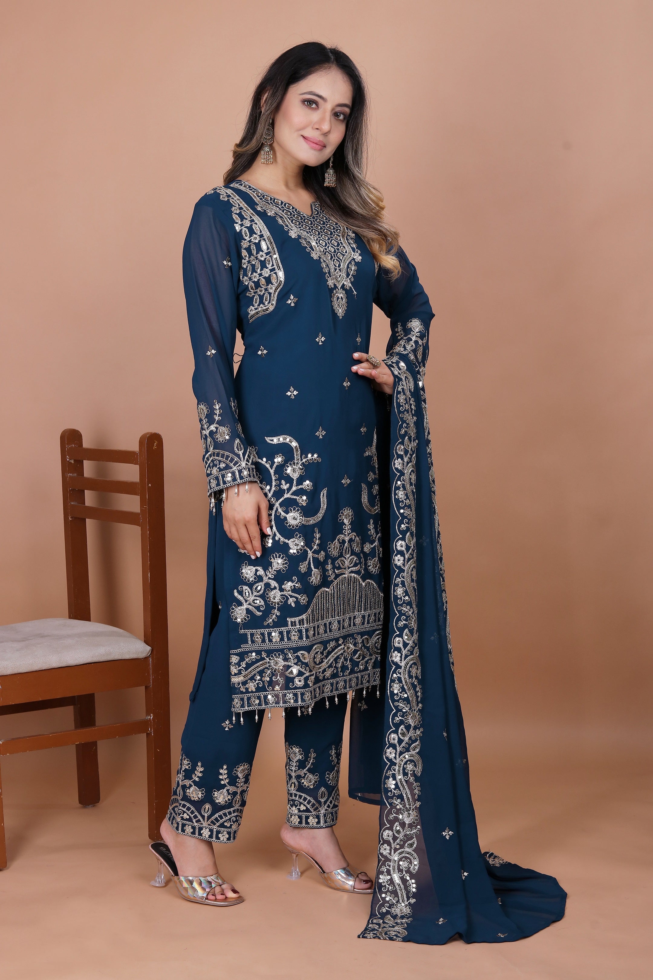 Lehenga Mart Georgette Top Pant Dupatta for Girls or Women - Blue | Grocsy