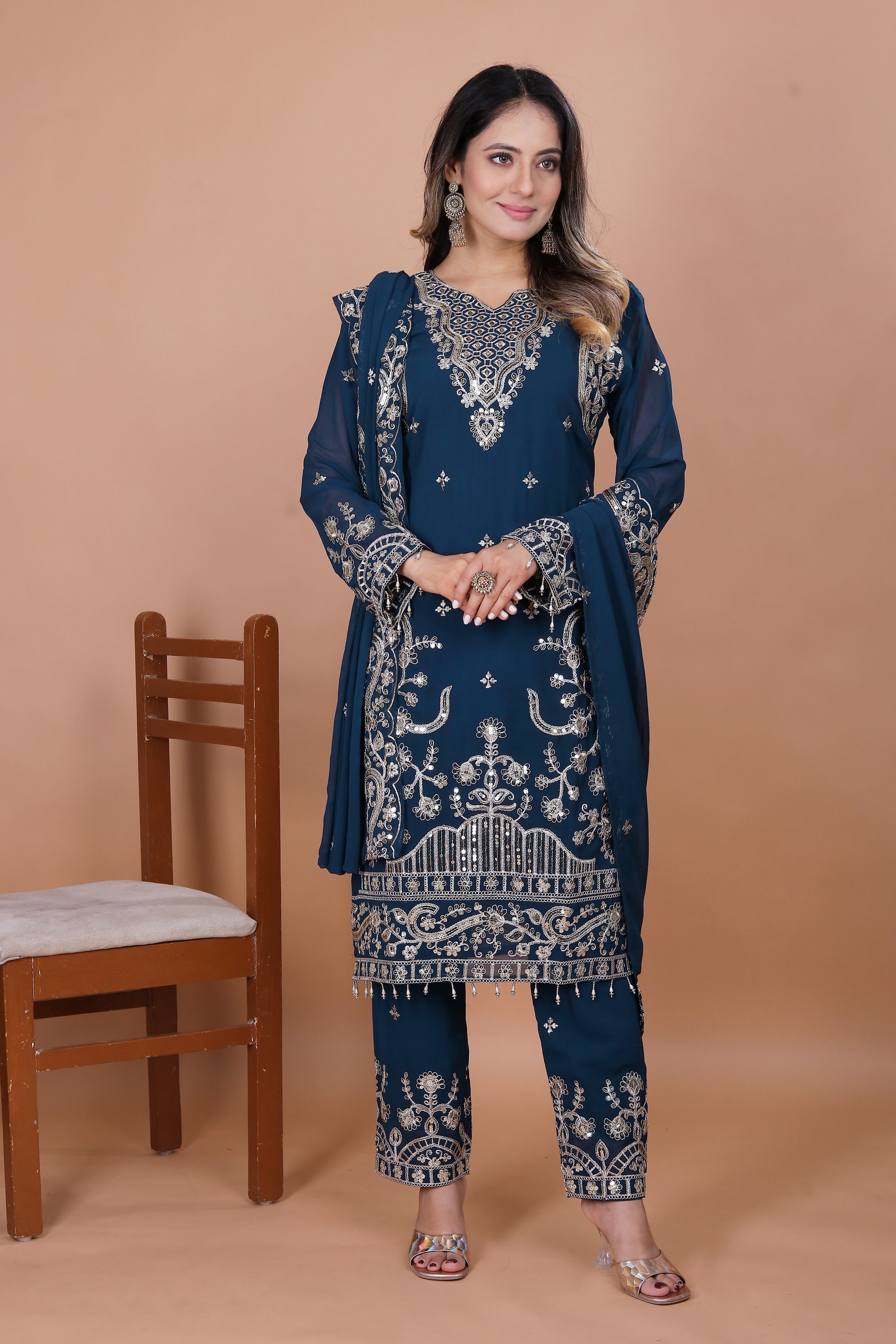 Lehenga Mart Georgette Top Pant Dupatta for Girls or Women - Blue | Grocsy